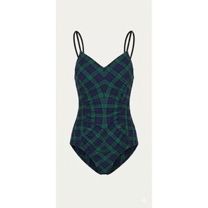 Malia Mills 4 Womens One Piece Swimsuit Plaid Ruched V-Neck Classic Smocked